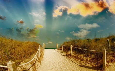 Beach Path Trail Mood Sea Ocean Sand Fence Sky Clouds Nature