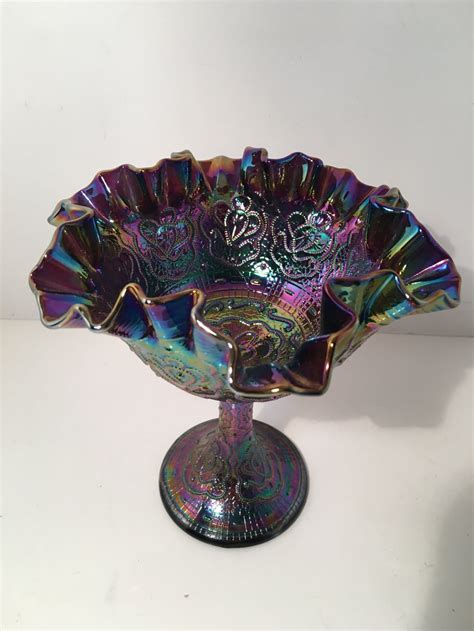 Fenton Blue Iridescent Carnival Glass Pedestal Bowl Vintage Etsy