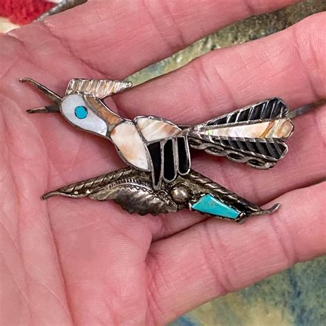 Early Zuni Inlay Roadrunner Pin In Sterling Silver Sterling Silver