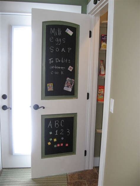 If you're remodeling or building and looking for pantry ideas, you might consider creating a mudroom with floor to ceiling cabinets for walls (in lieu of a closet w/shelves as a pantry) and make the door from the mudroom to the garage your fire rated door and/or make your door from the mud room to the kitchen your fire rated door and make. Chalkboard Magnetic Pantry Door- perfect for grocery list ...