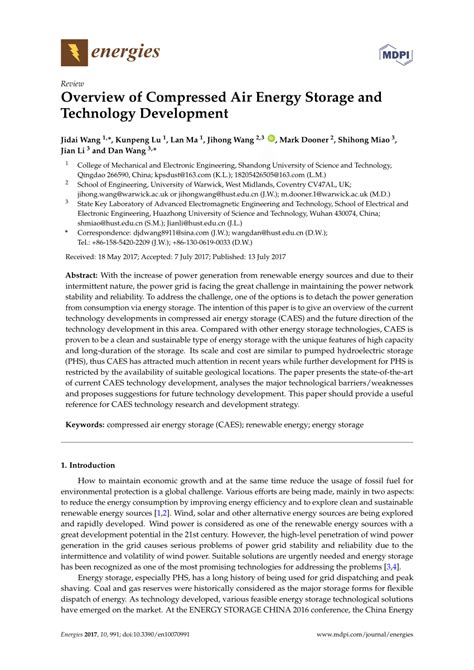 Pdf Overview Of Compressed Air Energy Storage And Technology Development