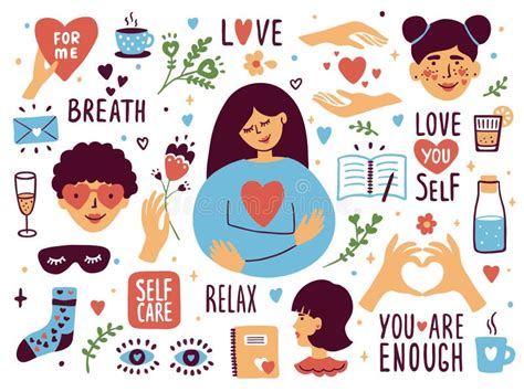 Vector Set Of Self Care Icons With Cute Illustrations About Love To