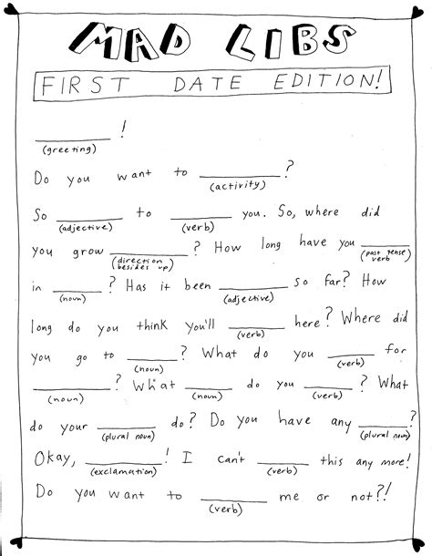 First Date Mad Lib Hallie Bateman First Date Adjectives Verbs