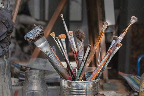 Closeup Of Art Studio Paint Brushes By Stocksy Contributor Per