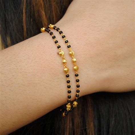 18k Solid Yellow Gold Double Strand Mangalsutra Bracelet With Gold