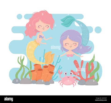 Mermaids And Crab Reef Coral Cartoon Under The Sea Vector Illustration