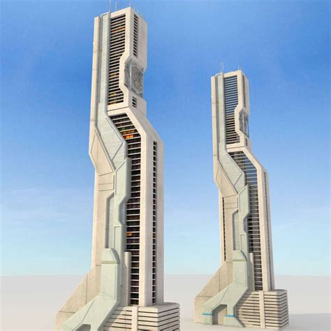 Two Tall Buildings With Stairs And Windows On Them In The Middle Of A