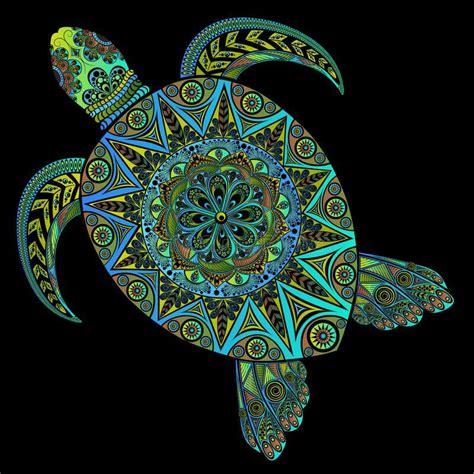 Colored Vector Turtle In Zentangle Style On A Black Background