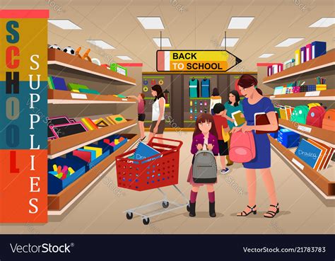 Kids With Their Parents Buying School Supplies Vector Image