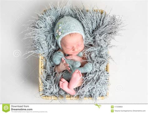 Newborn Baby Peacefully Sleeping In A Basket Stock Image Image Of