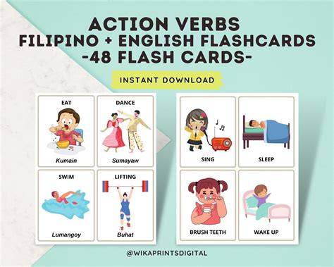 Action Verb Flashcards 48 Cards Filipino Flashcards With English