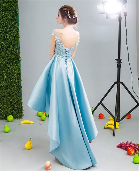 2020 Lovely Custom Made High Low Dresses Blue Girls Lace Prom Party Go Siaoryne
