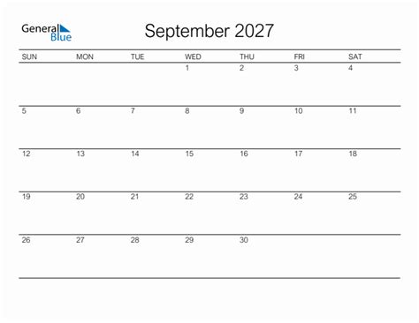 Printable September 2027 Monthly Calendar Sunday Start