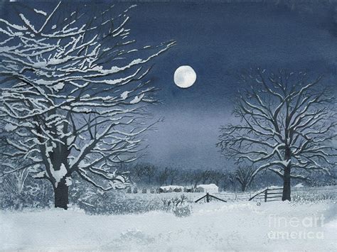 Moonlit Snowy Scene On The Farm By Conni Schaftenaar Painting Snow
