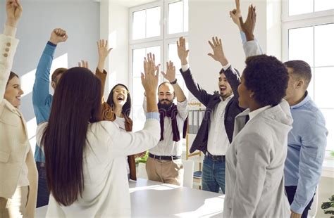 Happy Excited Diverse Business Team Celebrating Success High Fiving