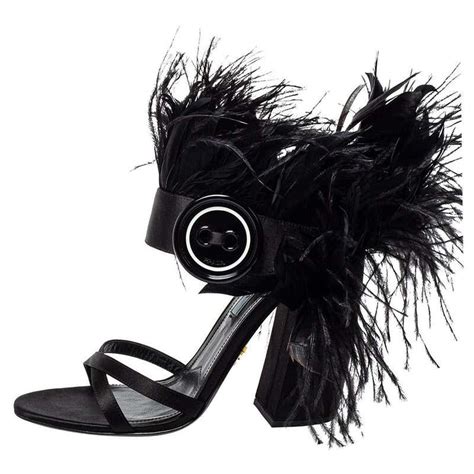 prada black satin and feather trim criss cross block heel sandals size 39 5 at 1stdibs