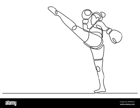 Boxer One Line Drawing Girl Fighter Kick Training Continuous Hand
