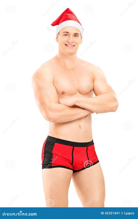 Handsome Shirtless Man With Santa Hat Posing Stock Image Image Of