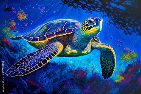 Sea Turtle Acrylic Painting Generative AI Stock Illustration Adobe