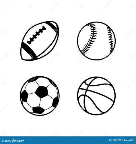 Four Simple Black Icons Of Balls For Rugby Soccer Basketball And