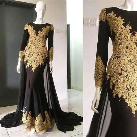 long sleeve evening dress 2019 black mermaid chiffon prom gowns with gold lace high quality