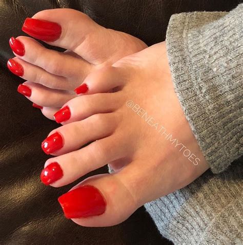 Image May Contain One Or More People And Closeup Red Toenails Pretty Toe Nails Long Toenails