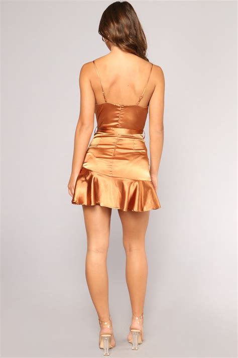 Saige Satin Dress Copper Fashion Nova Satin Mini Dress Satin Dresses Ruffle Trim Ruffles