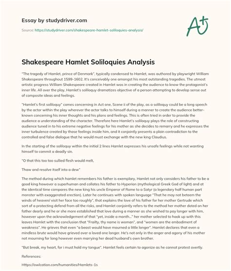 Shakespeare Hamlet Soliloquies Analysis Free Essay Example