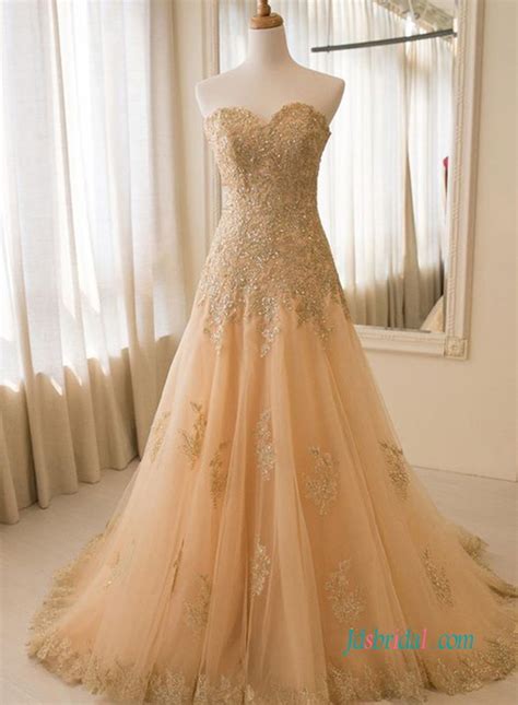 H1003 Stunning Golden Lace Tulle A Line Wedding Dresses