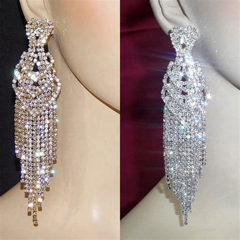 Shevalues Luxury Sparkle Crystal Ab Diamante Big Tassel Earrings Silver Rhinestone Long Drop