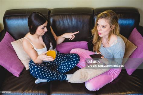 Roommates Lesbian Student Couple Chating Having Fun In Their Livingroom