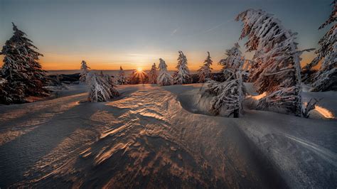 Mountain And Trees Covered With Snow Under Blue Sky During Sunrise Hd