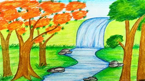Beautiful Stream Waterfall Drawing Easy Waterfall Scenery Drawing