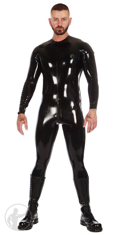 Mens Rubber Neck Entry Catsuit With Crotch Zip