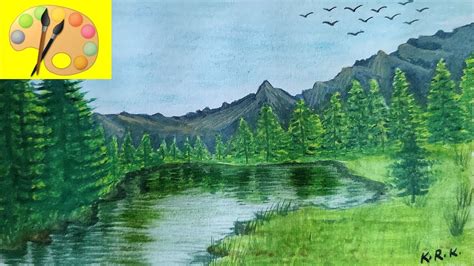 Easy Landscape Drawing Painting Lake Trees Mountains Nature Youtube