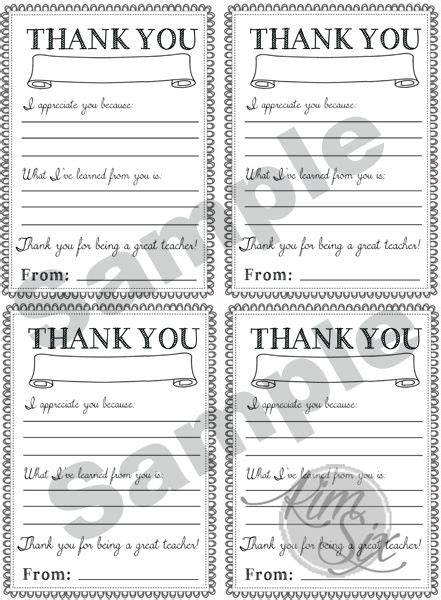 Teacher Appreciation Day Printable Thank You Notes Teacher