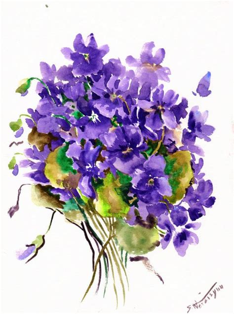 Violets Original Watercolor Painting 12 X 9 In Floral Painting Mi
