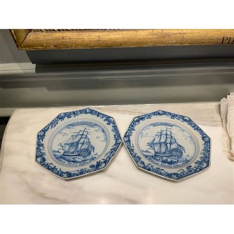 A Pair Of Liverpool Delftware Octagonal Ship Plates Dated 1761