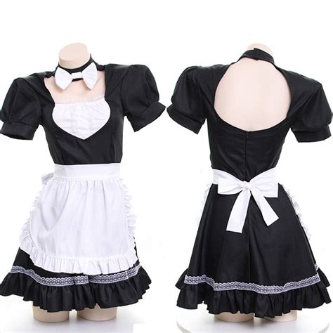 Sexy Kawaii Anime Cute Bow Neck Backless Maid Dress Cosplay Set Headba