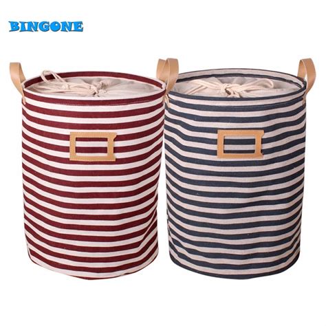 High Quality Cotton Linen Fabric Foldable Stripe Storage Bucket Washing