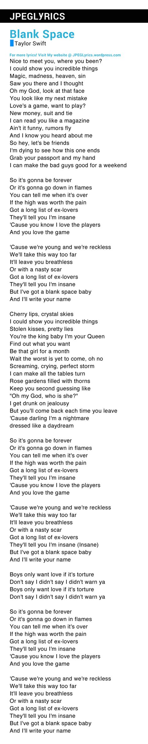 Blank Space By Taylor Swift Lyrics Jpeg Lyrics