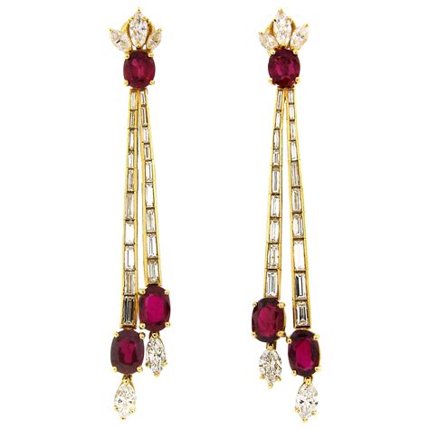 Ruby Diamond Gold Floral Motif Dangle Earrings At 1stdibs