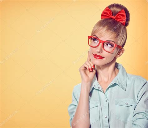 Nerd Girl In Stylish Glasses Thinking Idea — Stock Photo © Evgenij918