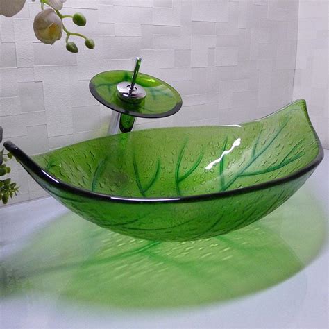 Best Bathroom Tempered Glass Sink Handcraft Counter Top Leaf Shaped