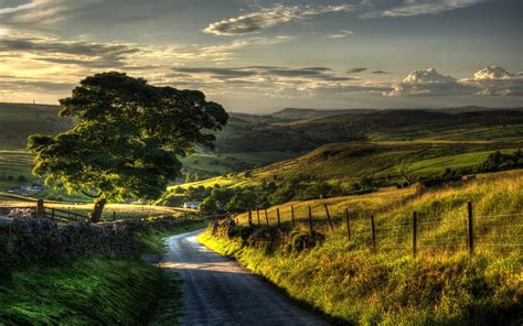 Sunset Villages Road Field Grass Hill Fence Trees Clouds Green Nature Landscape