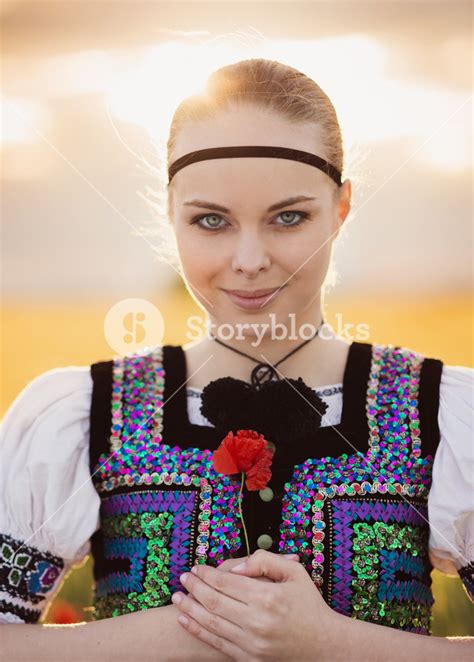 Beautiful Woman In The Field She Is Wearing Traditional Eastern Europe Folk Costumes Royalty