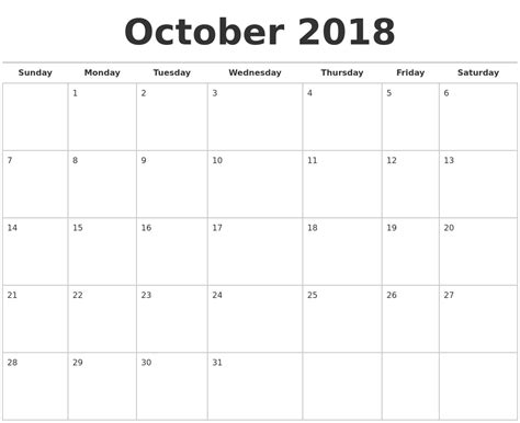 October 2018 Calendars Free