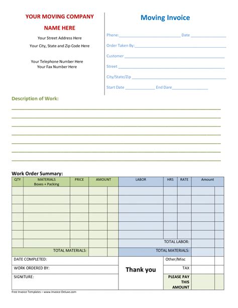 Moving Company Invoice Template Free Best Template Ideas