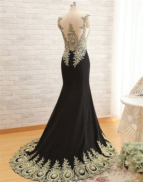 New Arrival Gold Lace Black Prom Dresses Mermaid Prom