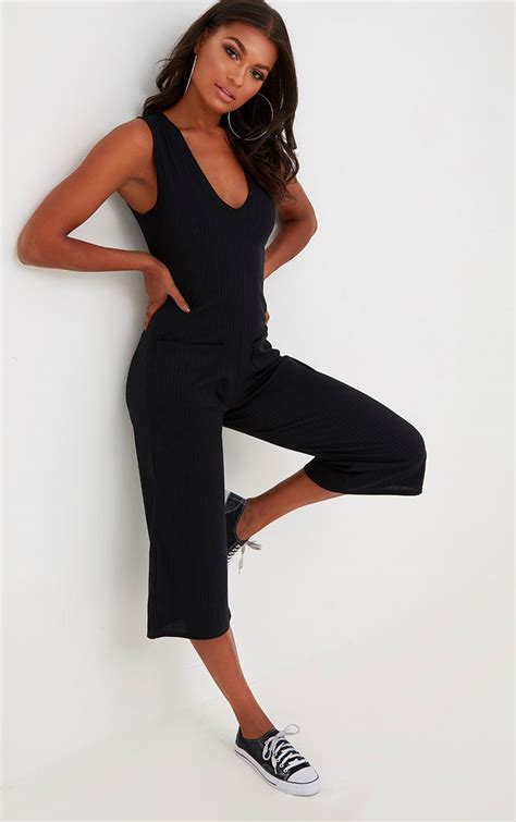 Black Ribbed Culotte Pocket Jumpsuit Jumpsuits Prettylittlething Usa